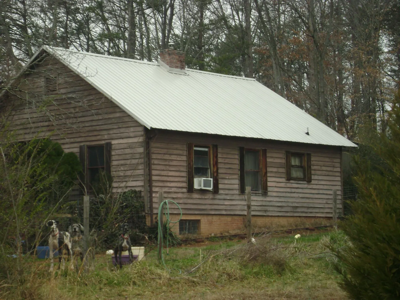 White metal roof on an old wood sided farmhouse, from a Metal Roof Installation job in Point Lookout
